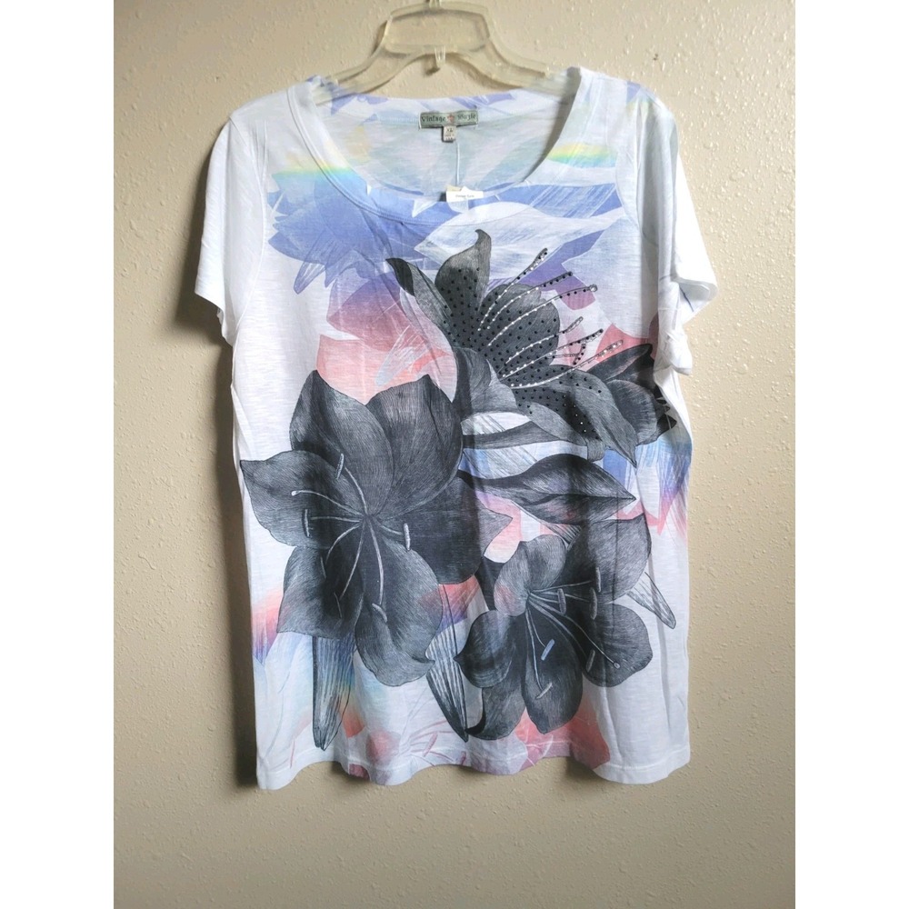 Vintage Suzie Womens Bedazzled Floral Print Short Sleeve Y2K Tee‎ - Size XL